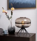 Modern Glass Table Lamp  Amber Shade, Tripod Base, Warm Light Accent Lamp