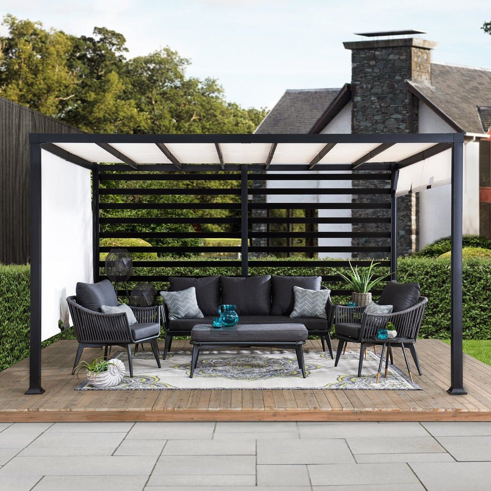 SUNJOY 10x12 Steel Pergola Kit  with White Adjustable Canopy and Privacy Wall