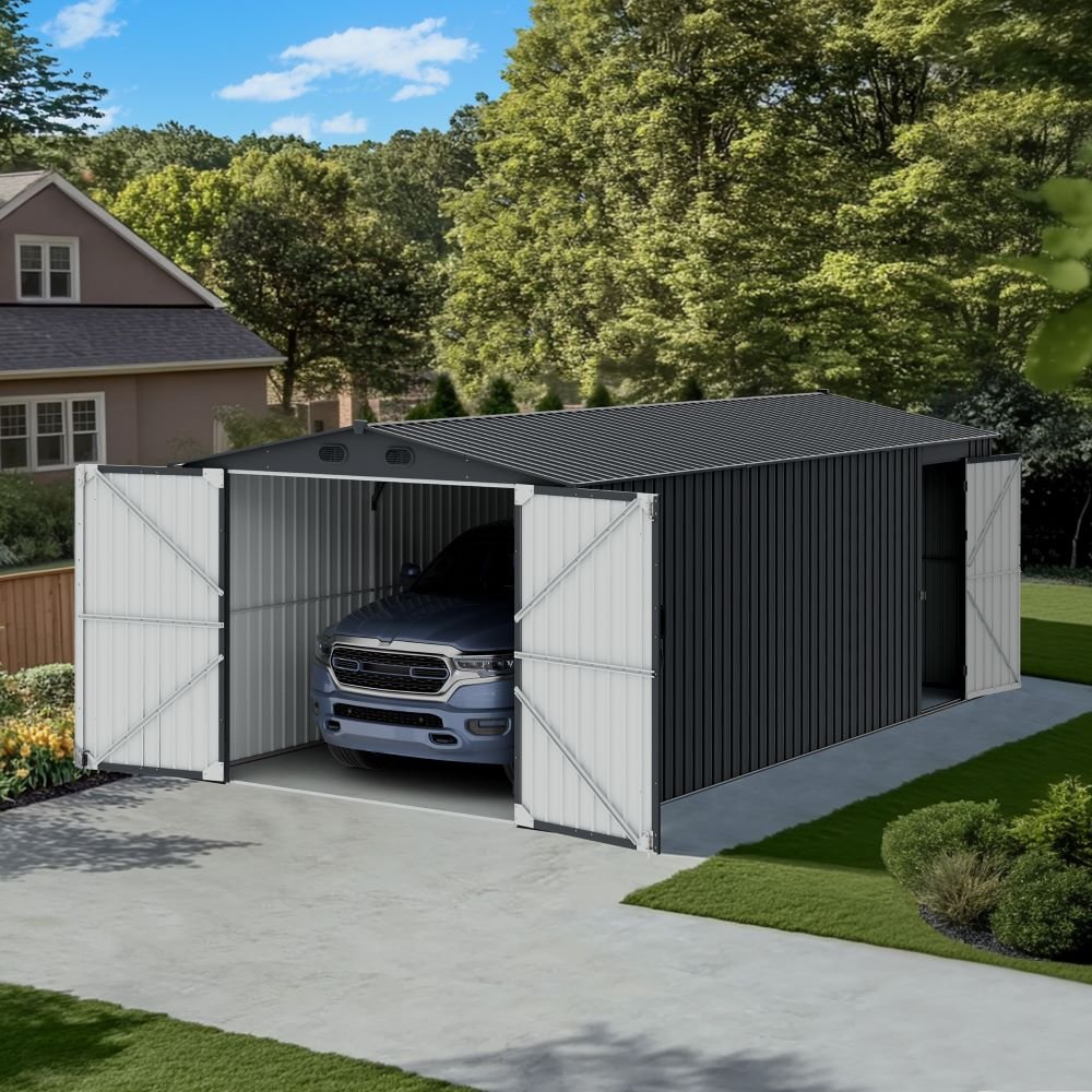 SUNJOY 10x20 Storage Shed Kits with Lockable Doors and Vents - Dark Gray