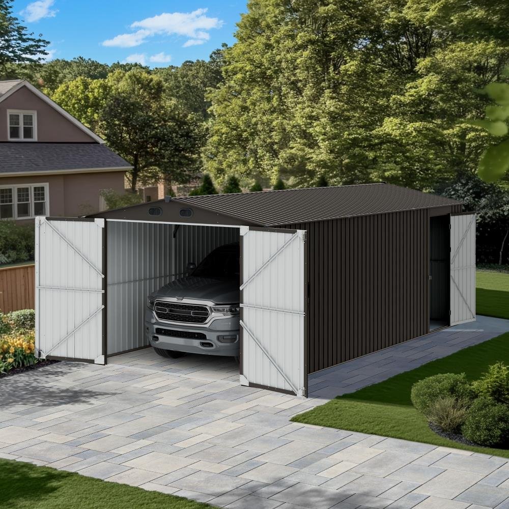 SUNJOY 10x20 Storage Shed Kits with Lockable Doors and Vents - Light Gray