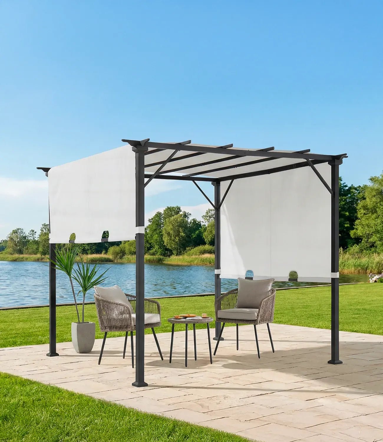 SUNJOY 9x9 Matte Black Steel Frame Pergola with Adjustable Canopy Roof - Light Gray