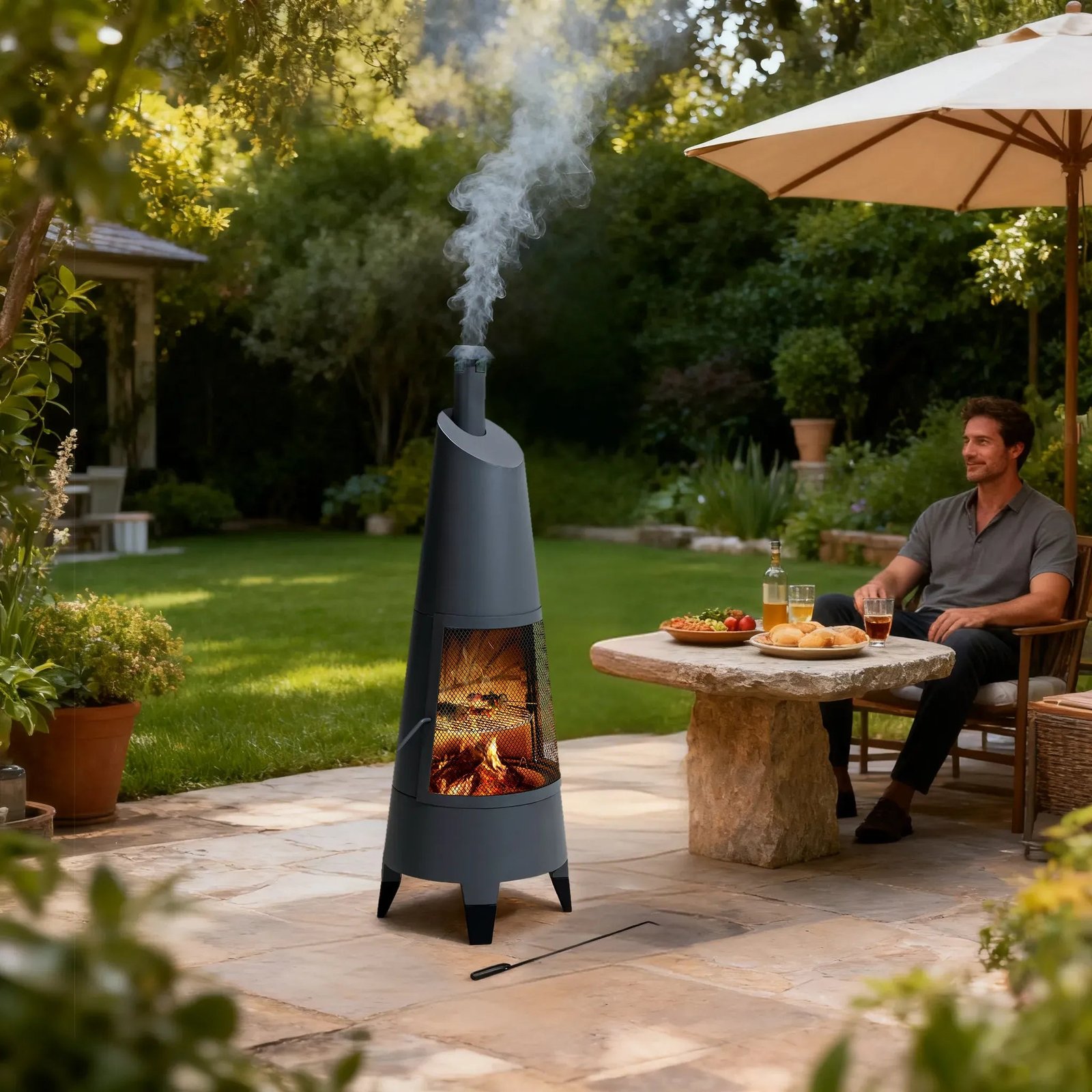 SUNJOY 57 Inch 2-in-1 Chiminea Fire Pit & Grill with Removable Grill Grate and PVC Cover - Gray - Image 3