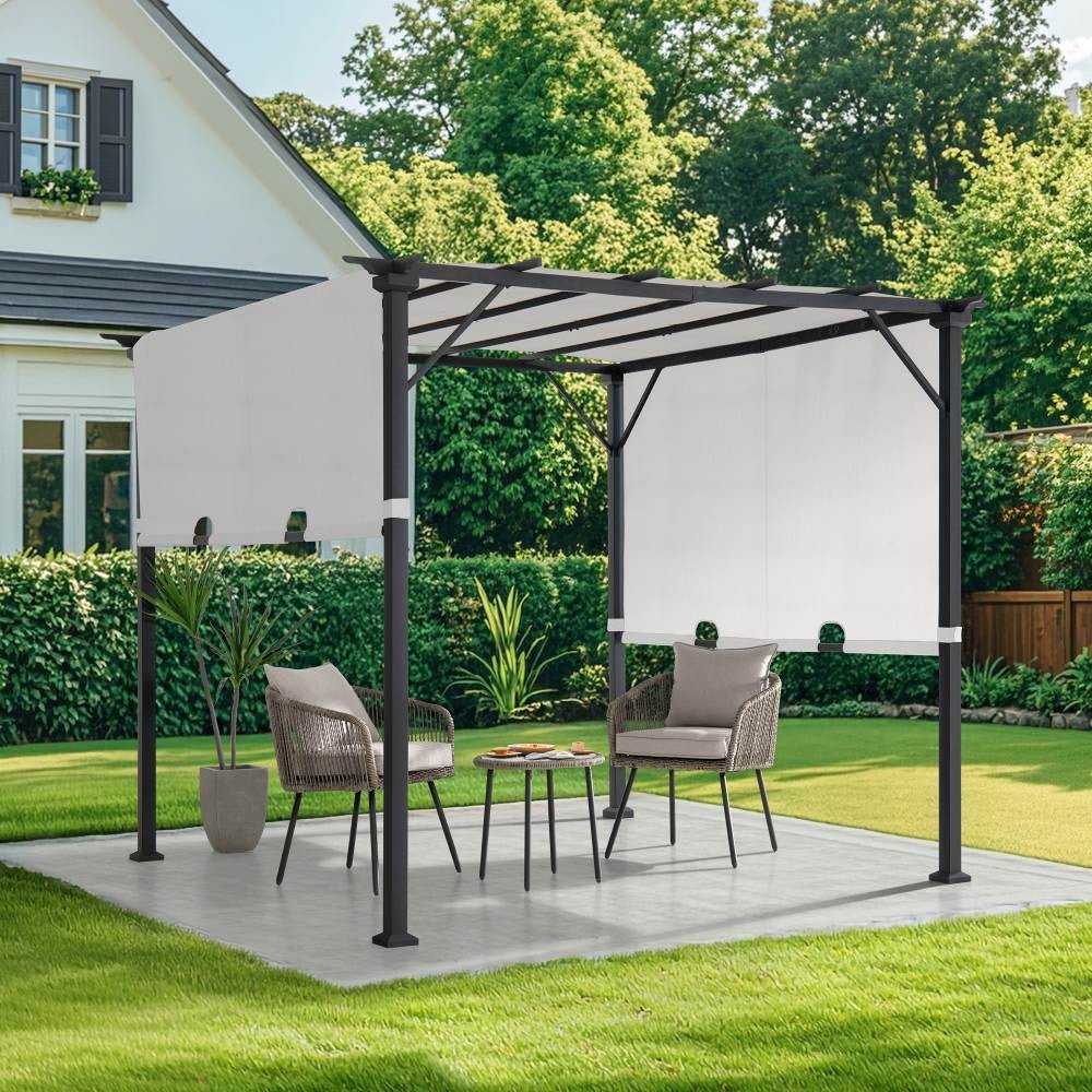 SUNJOY 9x9 Matte Black Steel Frame Pergola with Adjustable Canopy Roof - Light Gray - Image 3